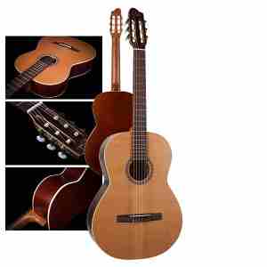 Eine Komposition, die verschiedene Ansichten einer Godin Etude – Klassische Gitarre präsentiert und deren Design sowie feine Einzelheiten hervorhebt.